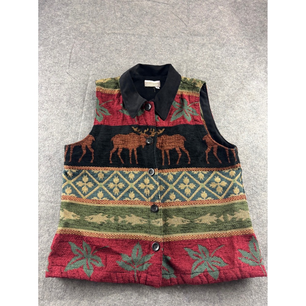 VTG Coldwater Creek Womens M Tapestry Vest Moose Fish Lodge Cabin Button Granola
